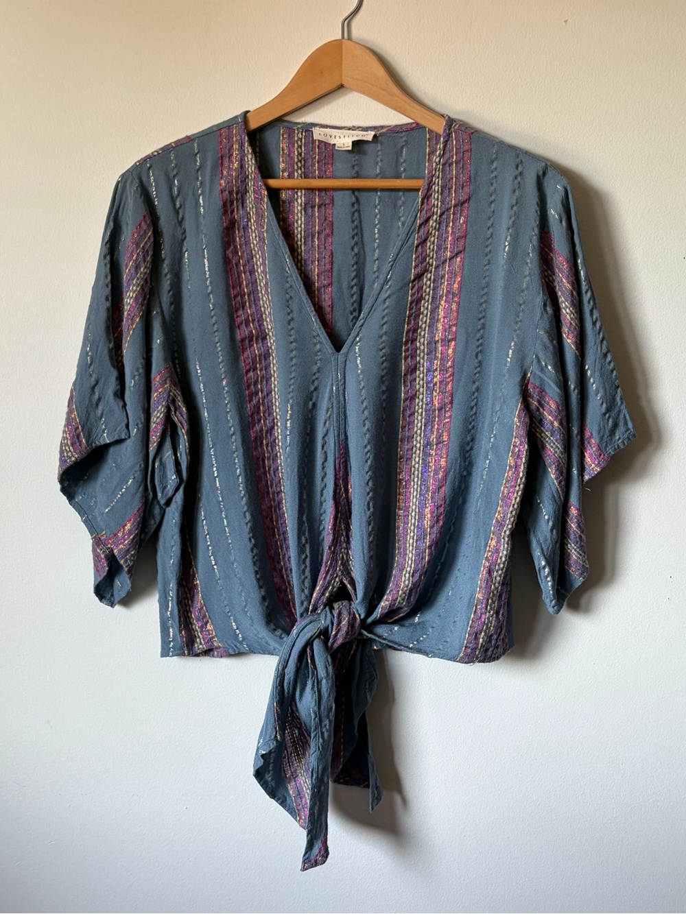 Lovestitch Blue Metallic Stripe Front-Tie Blouse - size Large - boho woven top - Picture 2 of 15